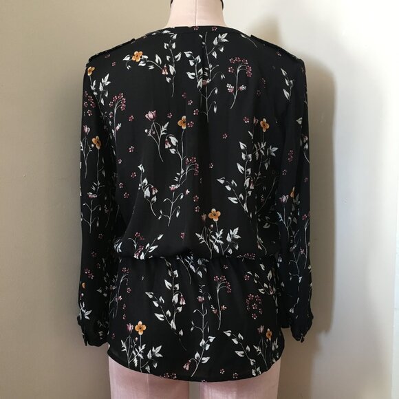 [Dynamite] Black Floral Long Sleeve Peplum Blouse | M | Good - Picture 2 of 14